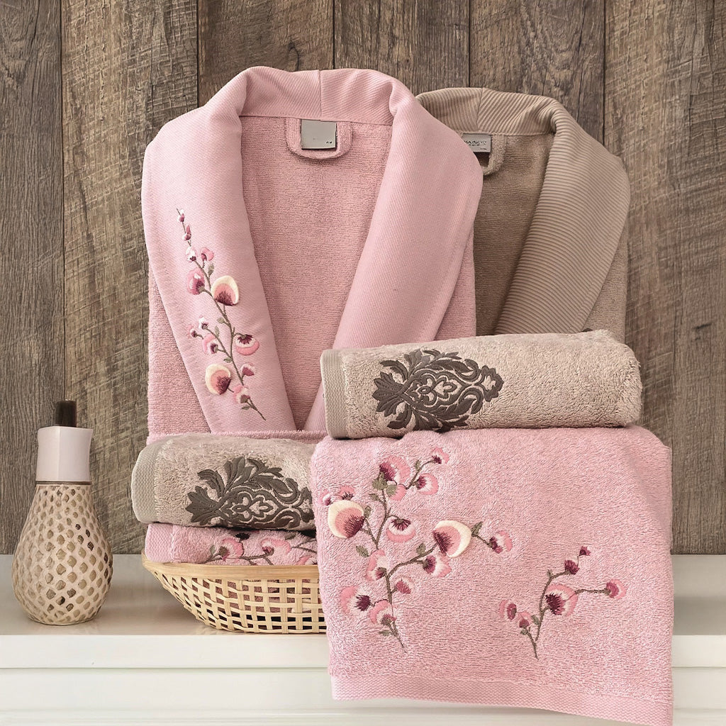 Lavossa Bathrobe Set Rose - Pink - Cappucıno 70% Bamboo 30% Cotton 6 Pcs