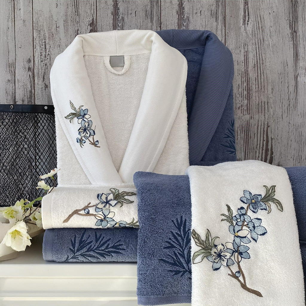 Terval Bathrobe Set Cream - Indıgo 70% Bamboo 30% Cotton 6 Pcs