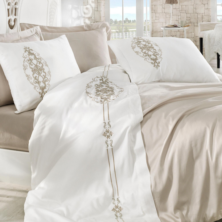 Fresh bedroom decorated with white-beige color, Turkish cotton bedding set.