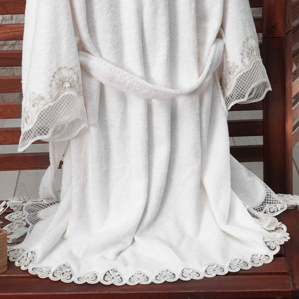 Bamboo-cotton women robe designed with heart-shape lace at all edges