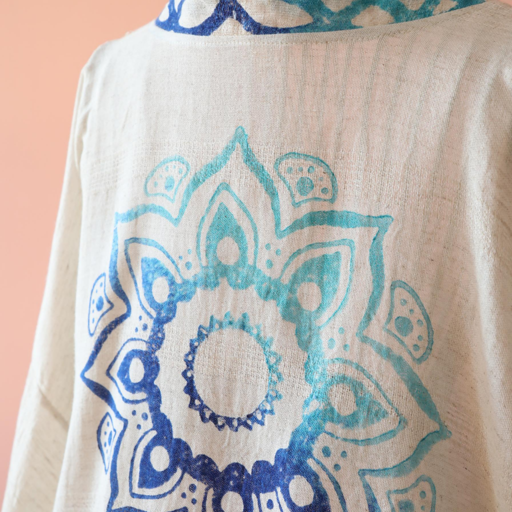 Linen-bamboo blend kimono has modern, blue designs done by wood-block printing