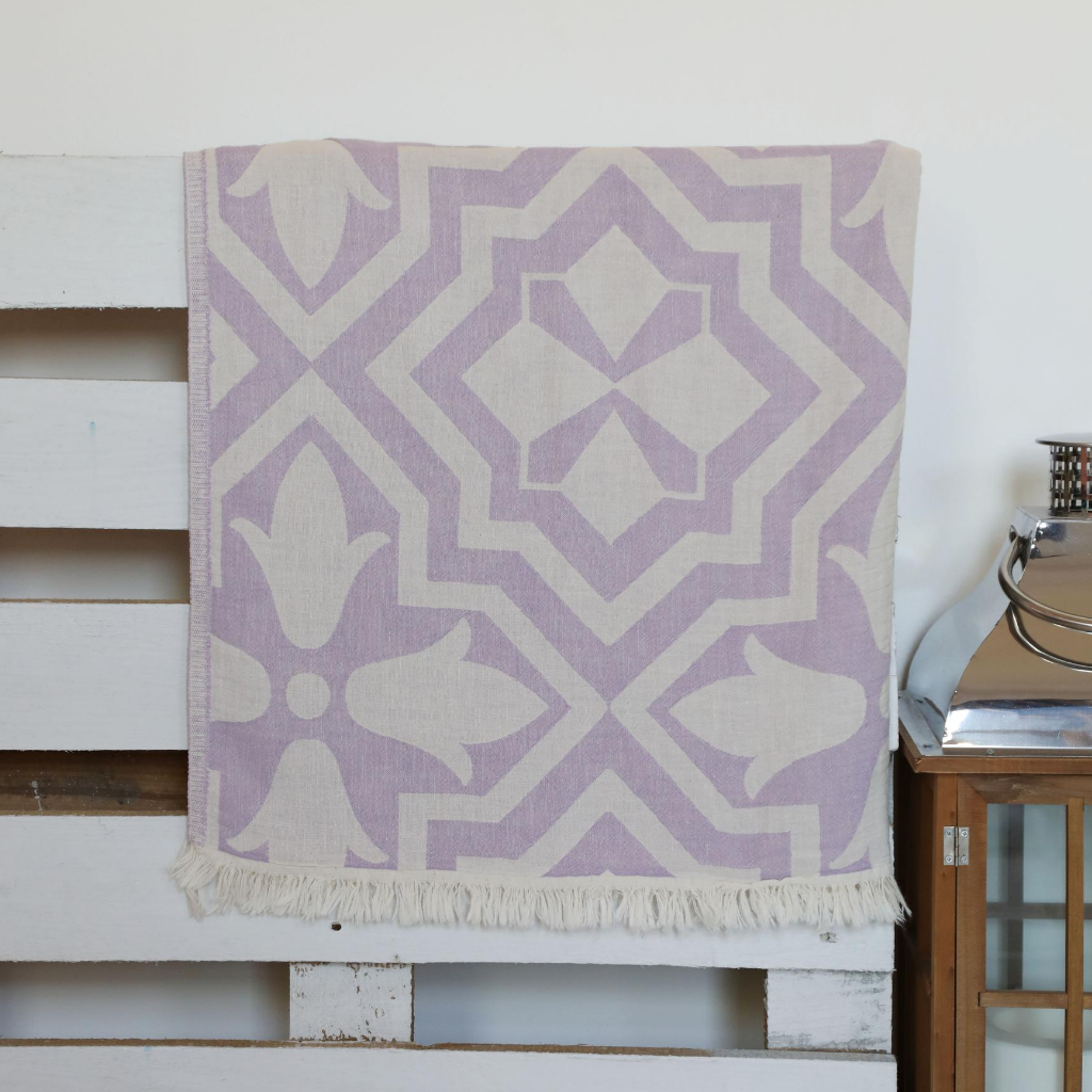 Violet color tulip designs on Turkish peshtemal towel