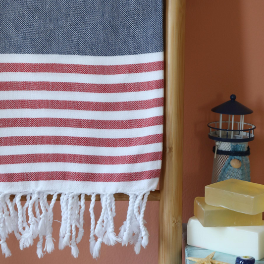 Sailor Turkish towel has red and navy stripes